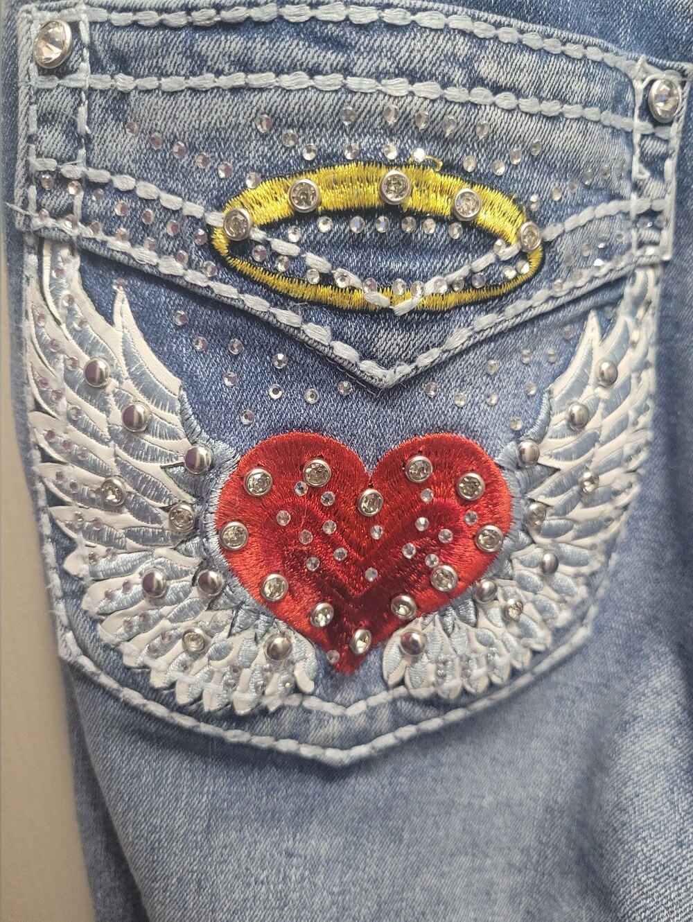 Sky Heart Wing Halo Rhinestone Denim Flare Jeans  Size 13/14